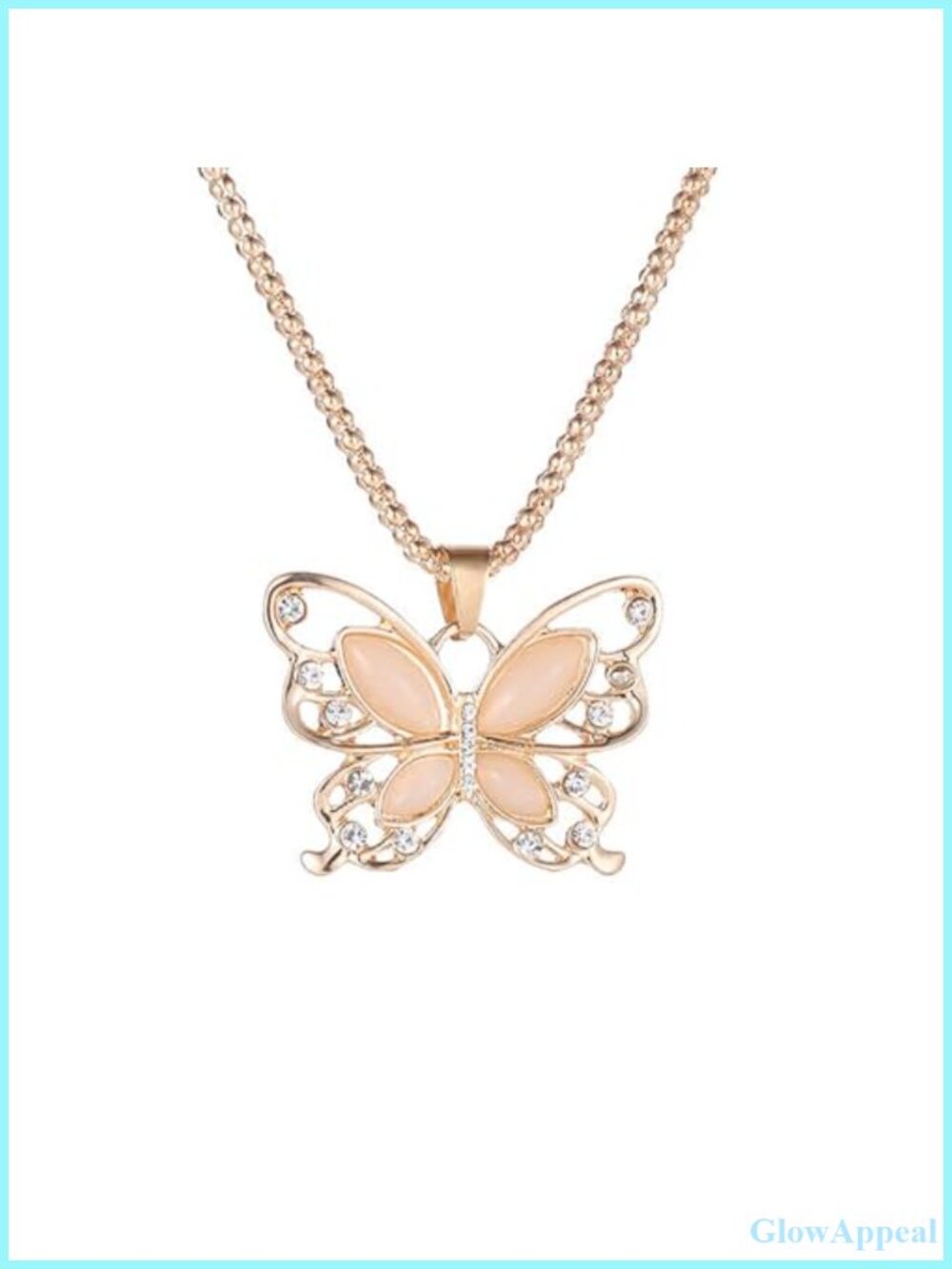 Rose Gold Butterfly Pendant Necklace Crystal Opal Beaded Chain